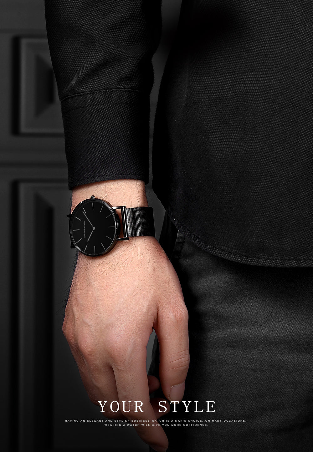 A stylish black watch featuring a waterproof Japan quartz movement and a stainless steel mesh band, perfect for men.