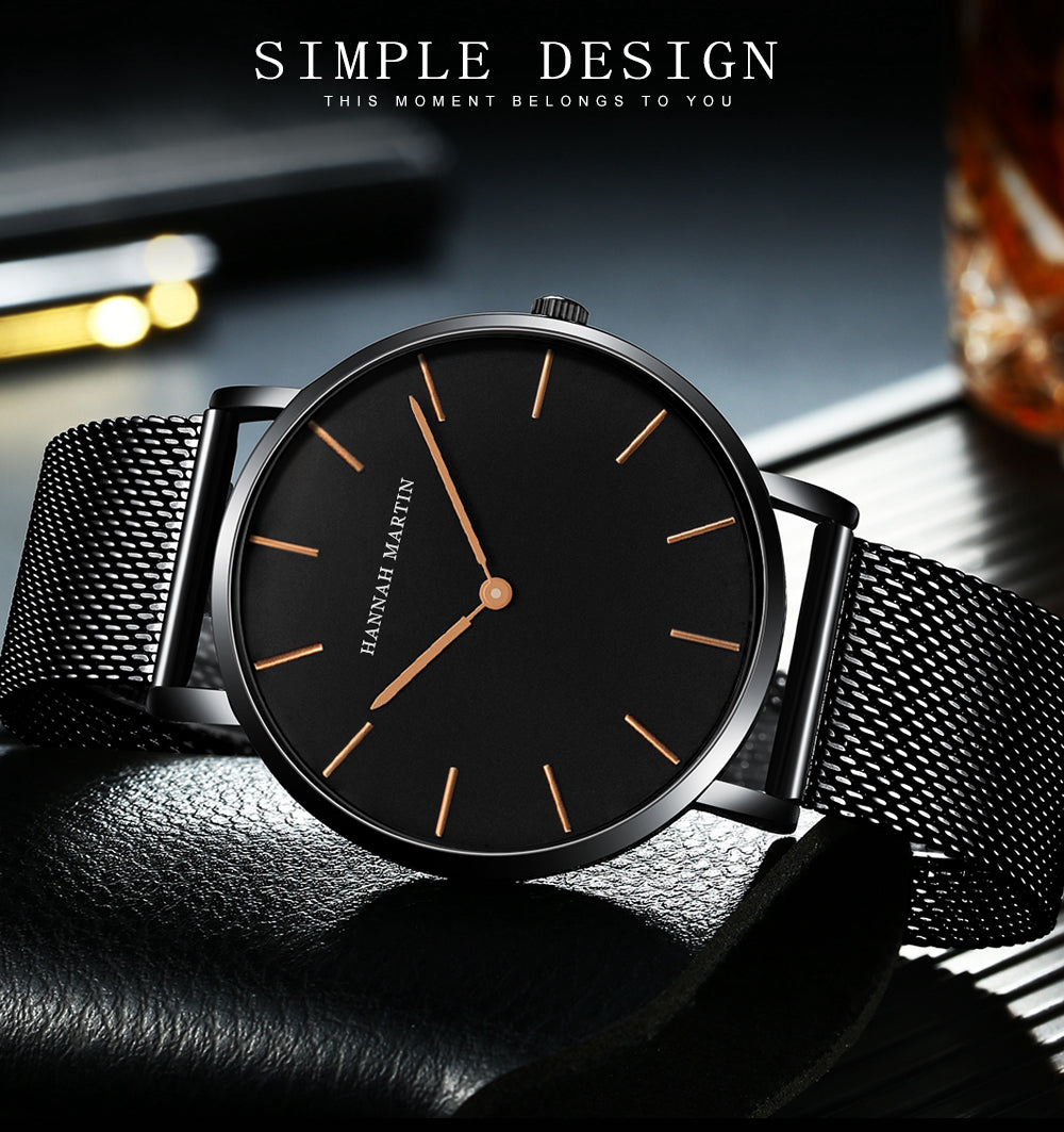 A stylish black watch featuring a waterproof Japan quartz movement and a stainless steel mesh band, perfect for men.