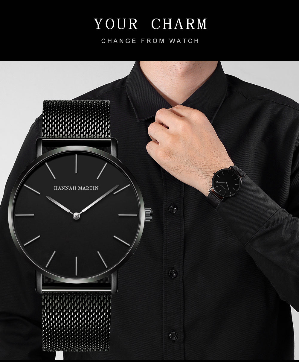 A stylish black watch featuring a waterproof Japan quartz movement and a stainless steel mesh band, perfect for men.
