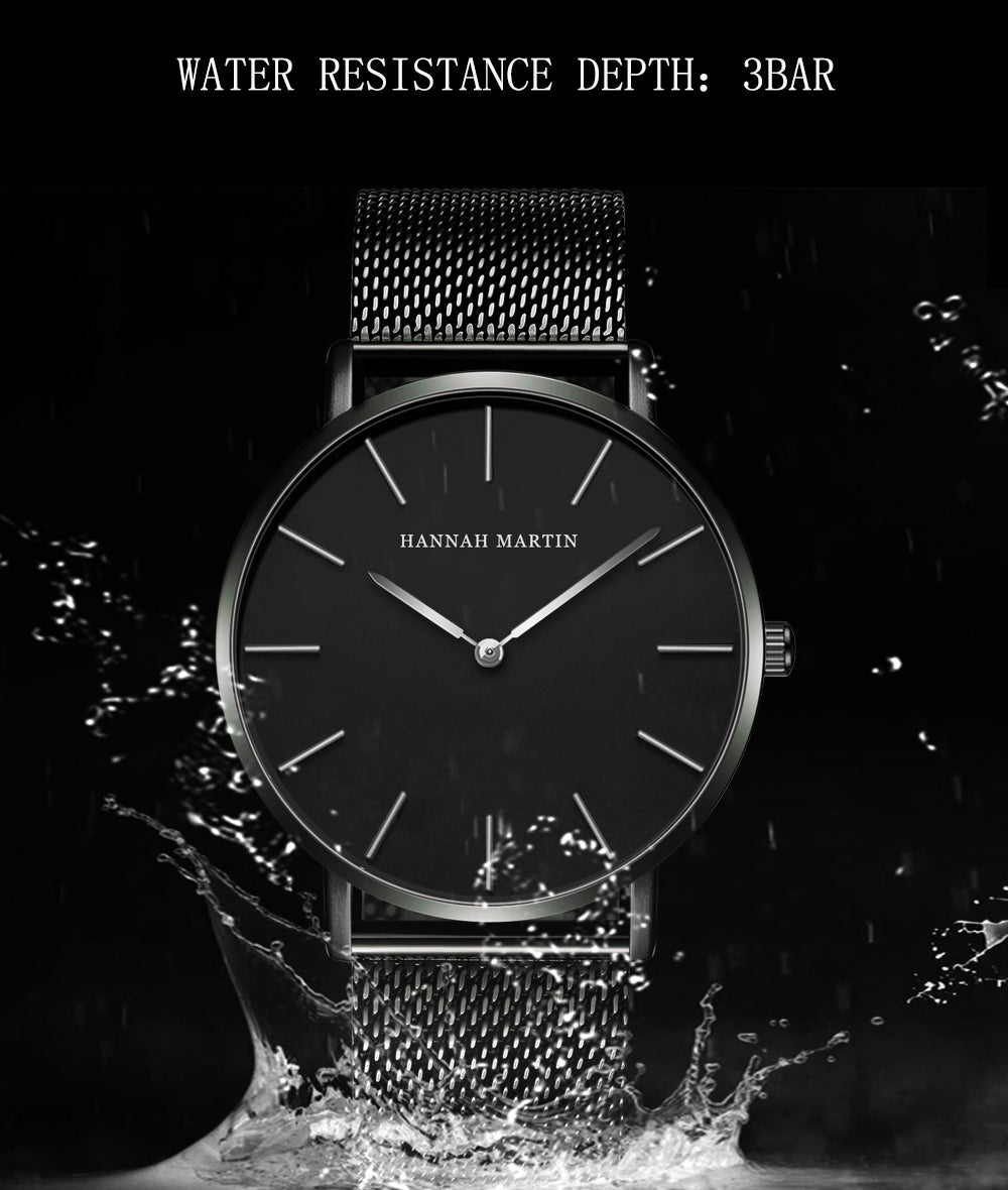 A stylish black watch featuring a waterproof Japan quartz movement and a stainless steel mesh band, perfect for men.