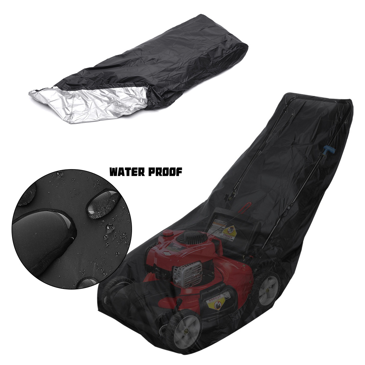 Heavy duty waterproof lawn mower cover designed for push mowers, featuring UV protection and durable Oxford cloth material.