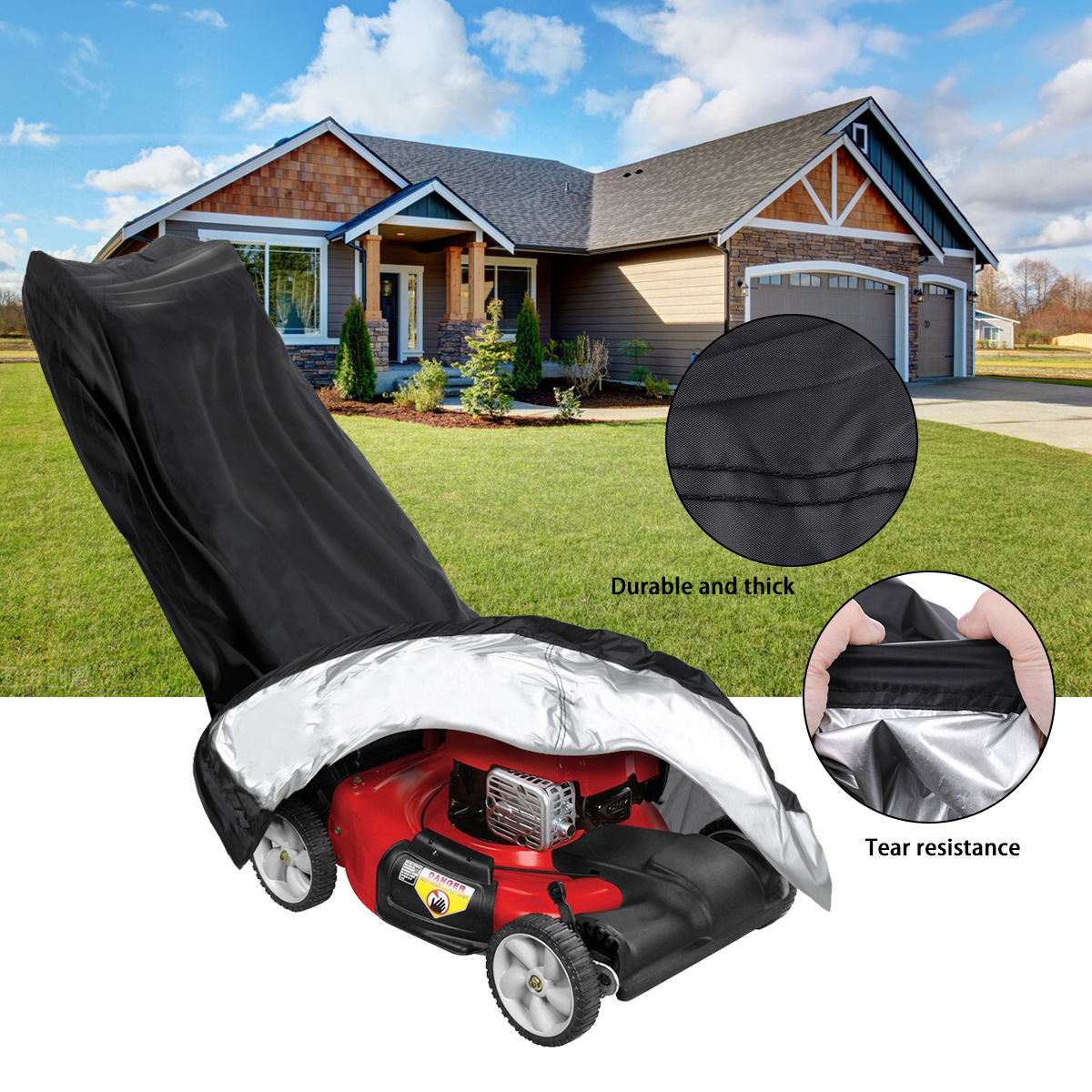 Heavy duty waterproof lawn mower cover designed for push mowers, featuring UV protection and durable Oxford cloth material.