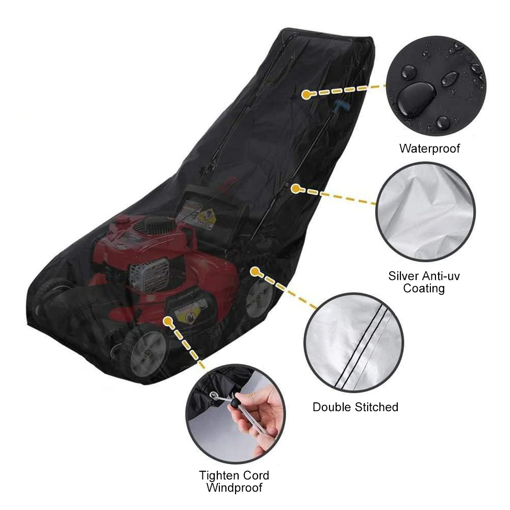 Heavy duty waterproof lawn mower cover designed for push mowers, featuring UV protection and durable Oxford cloth material.