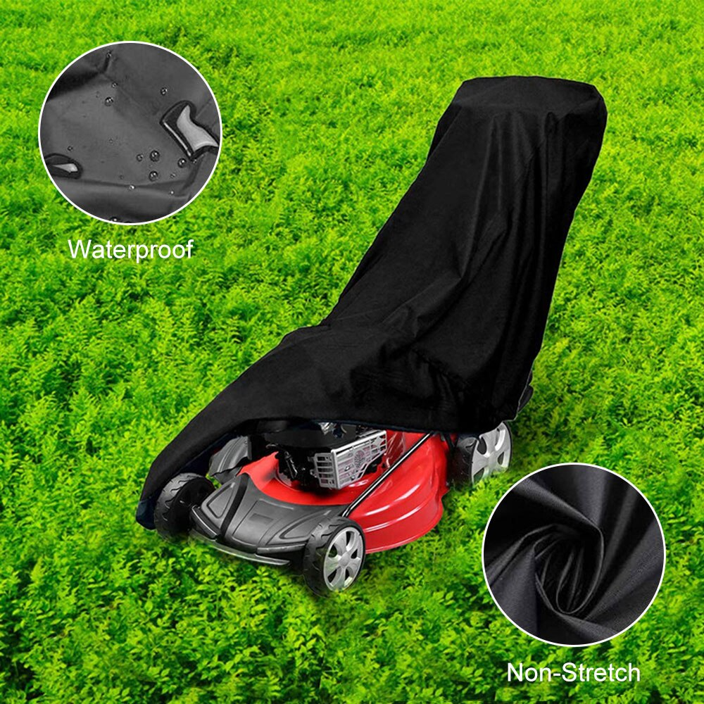 Heavy duty waterproof lawn mower cover designed for push mowers, featuring UV protection and durable Oxford cloth material.