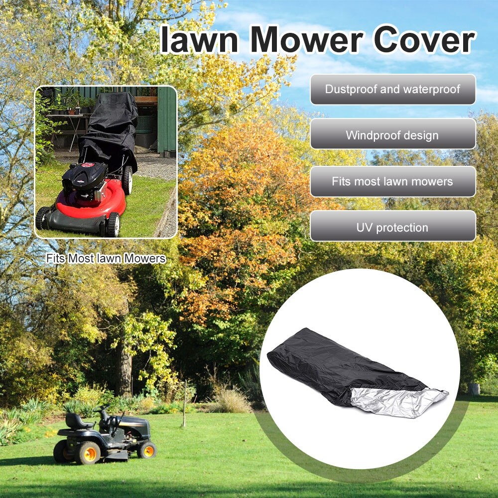 Heavy duty waterproof lawn mower cover designed for push mowers, featuring UV protection and durable Oxford cloth material.