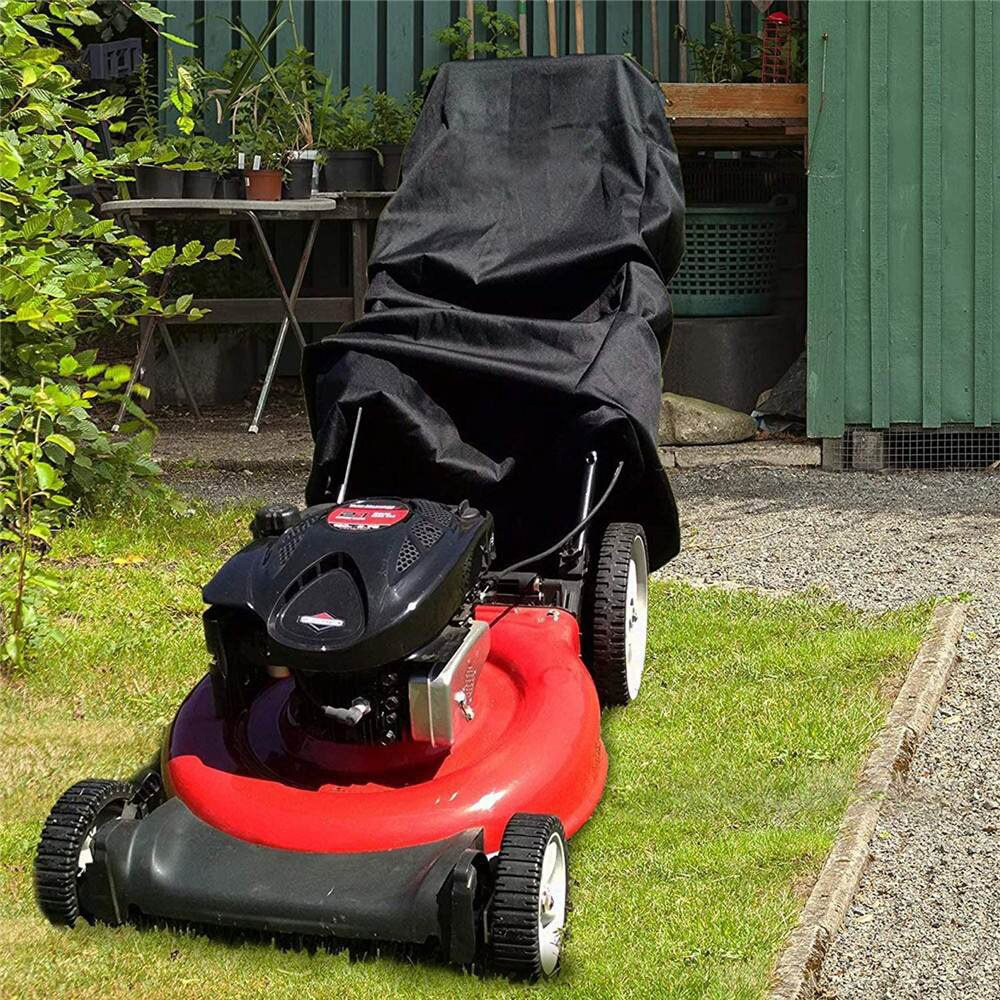 Heavy duty waterproof lawn mower cover designed for push mowers, featuring UV protection and durable Oxford cloth material.