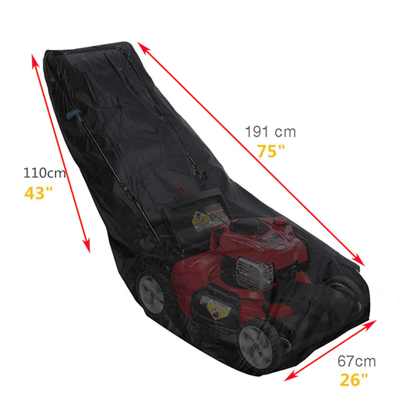 Heavy duty waterproof lawn mower cover designed for push mowers, featuring UV protection and durable Oxford cloth material.