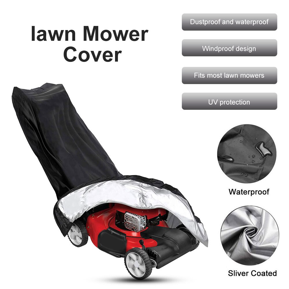 Heavy duty waterproof lawn mower cover designed for push mowers, featuring UV protection and durable Oxford cloth material.