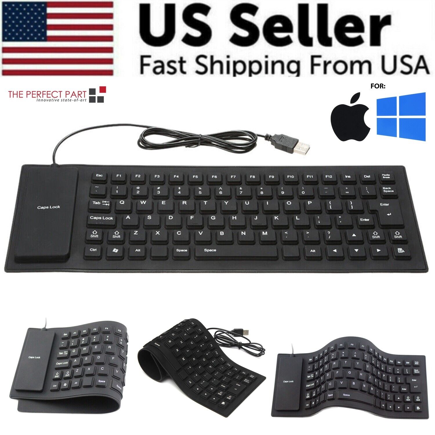A flexible and foldable waterproof silicone keyboard in black, showcasing its USB connection and dustproof features.