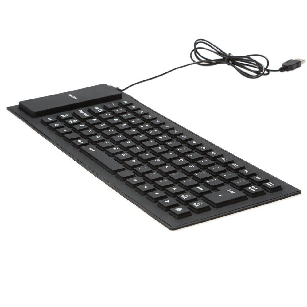 A flexible and foldable waterproof silicone keyboard in black, showcasing its USB connection and dustproof features.