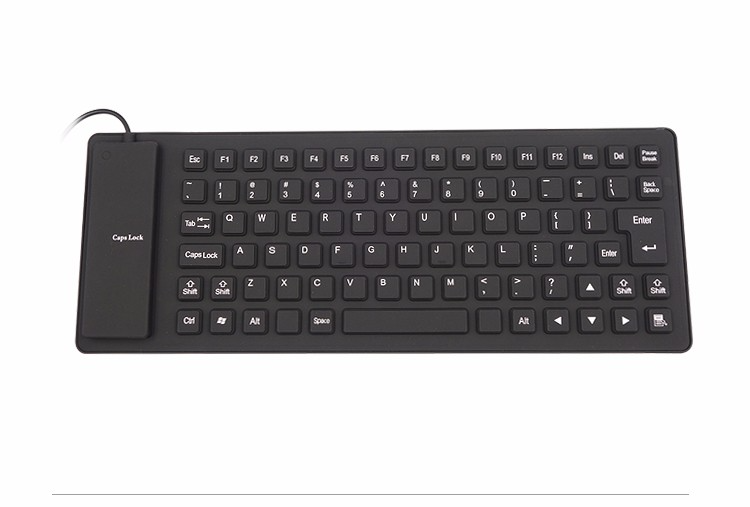 A flexible and foldable waterproof silicone keyboard in black, showcasing its USB connection and dustproof features.