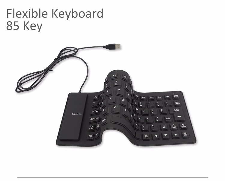 A flexible and foldable waterproof silicone keyboard in black, showcasing its USB connection and dustproof features.