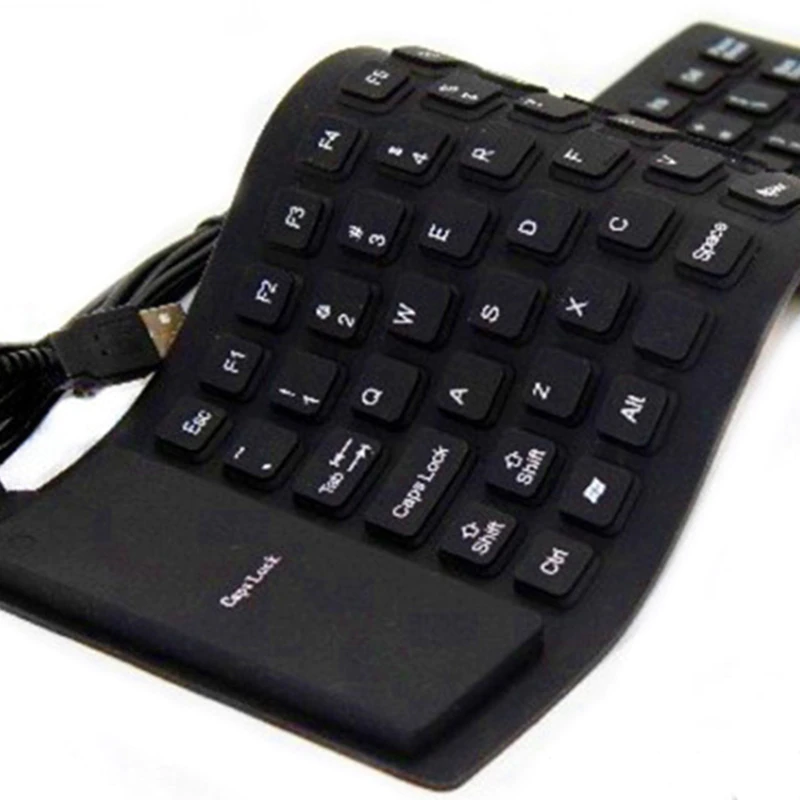 A flexible and foldable waterproof silicone keyboard in black, showcasing its USB connection and dustproof features.