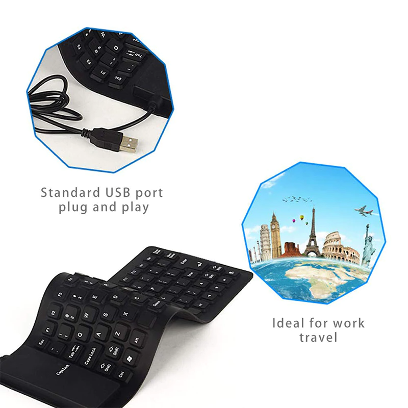 A flexible and foldable waterproof silicone keyboard in black, showcasing its USB connection and dustproof features.