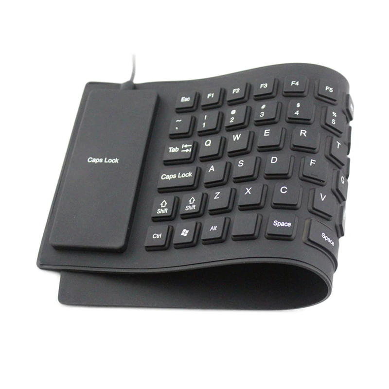 A flexible and foldable waterproof silicone keyboard in black, showcasing its USB connection and dustproof features.