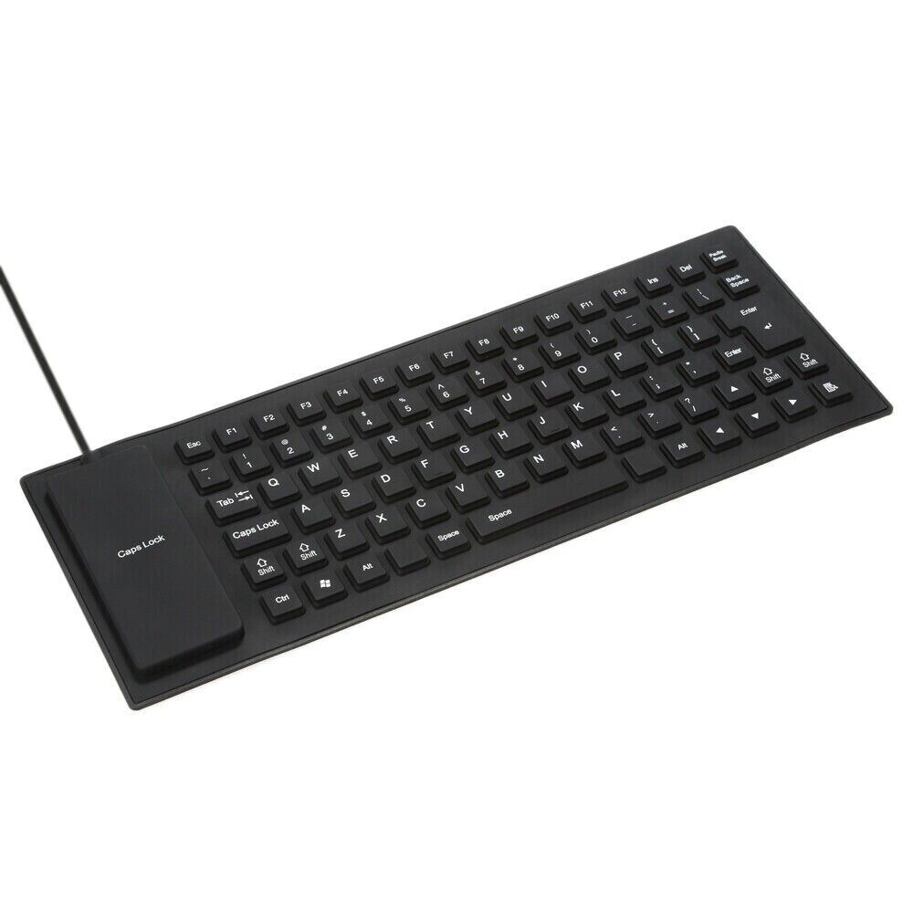 A flexible and foldable waterproof silicone keyboard in black, showcasing its USB connection and dustproof features.