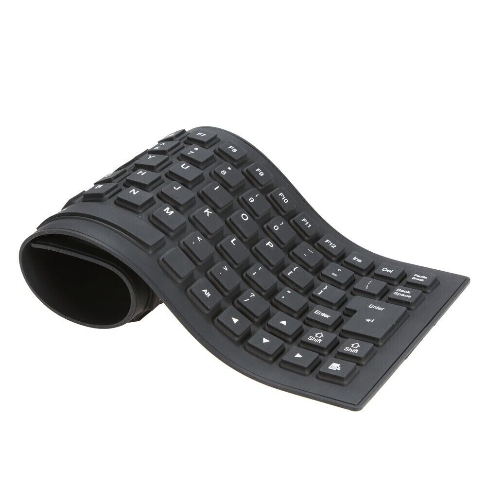 A flexible and foldable waterproof silicone keyboard in black, showcasing its USB connection and dustproof features.