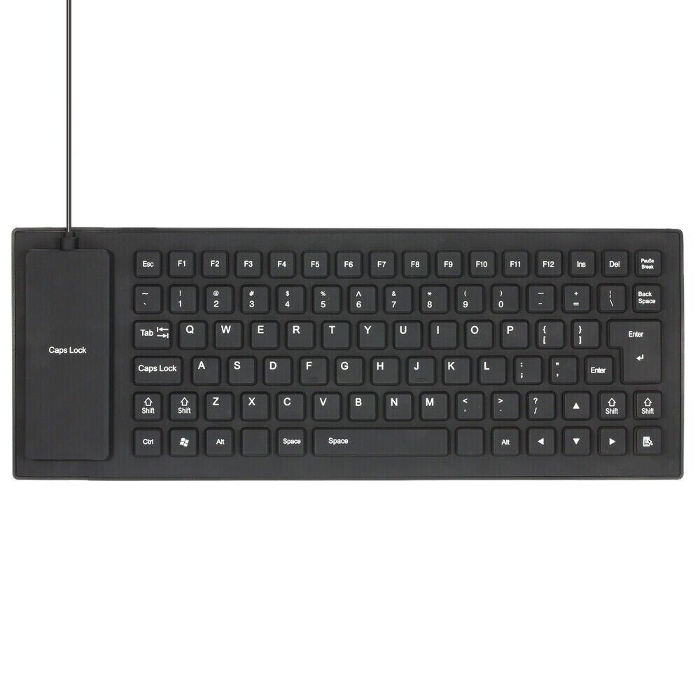 A flexible and foldable waterproof silicone keyboard in black, showcasing its USB connection and dustproof features.