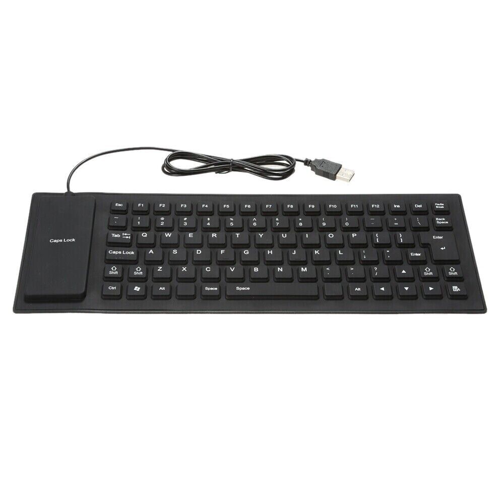 A flexible and foldable waterproof silicone keyboard in black, showcasing its USB connection and dustproof features.