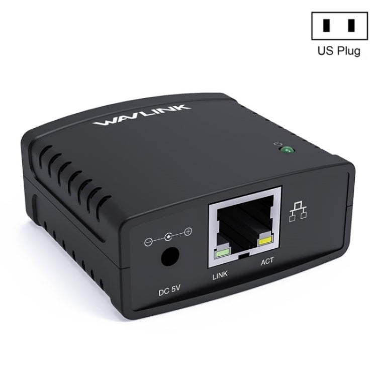 WAVLINK NU72P11 100Mbps Network Print Server with USB 2.0 port and Ethernet connection, designed for easy printer sharing.