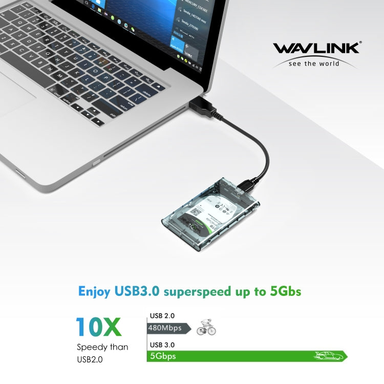 WAVLINK ST239 USB3.0 Transparent SATA External SSD showcasing its sleek design and USB interface.