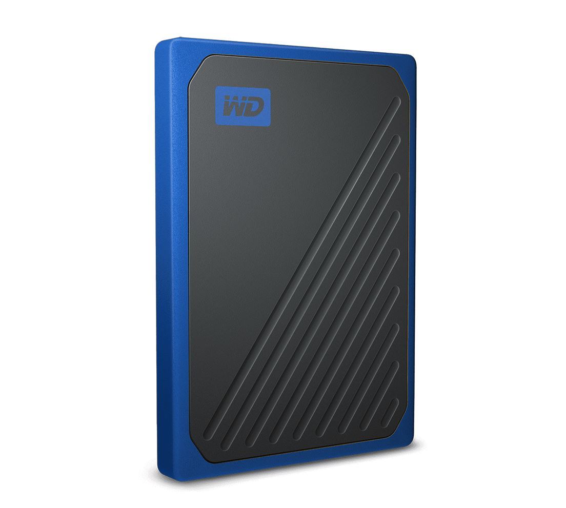 WD My Passport Go 1TB External Portable SSD in cobalt blue with built-in cable, showcasing its durable design and compact size.