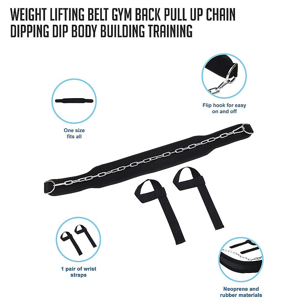 Heavy-duty weight lifting belt made of Neoprene and rubber, featuring metal D-shaped loops and a flip hook for secure attachment.