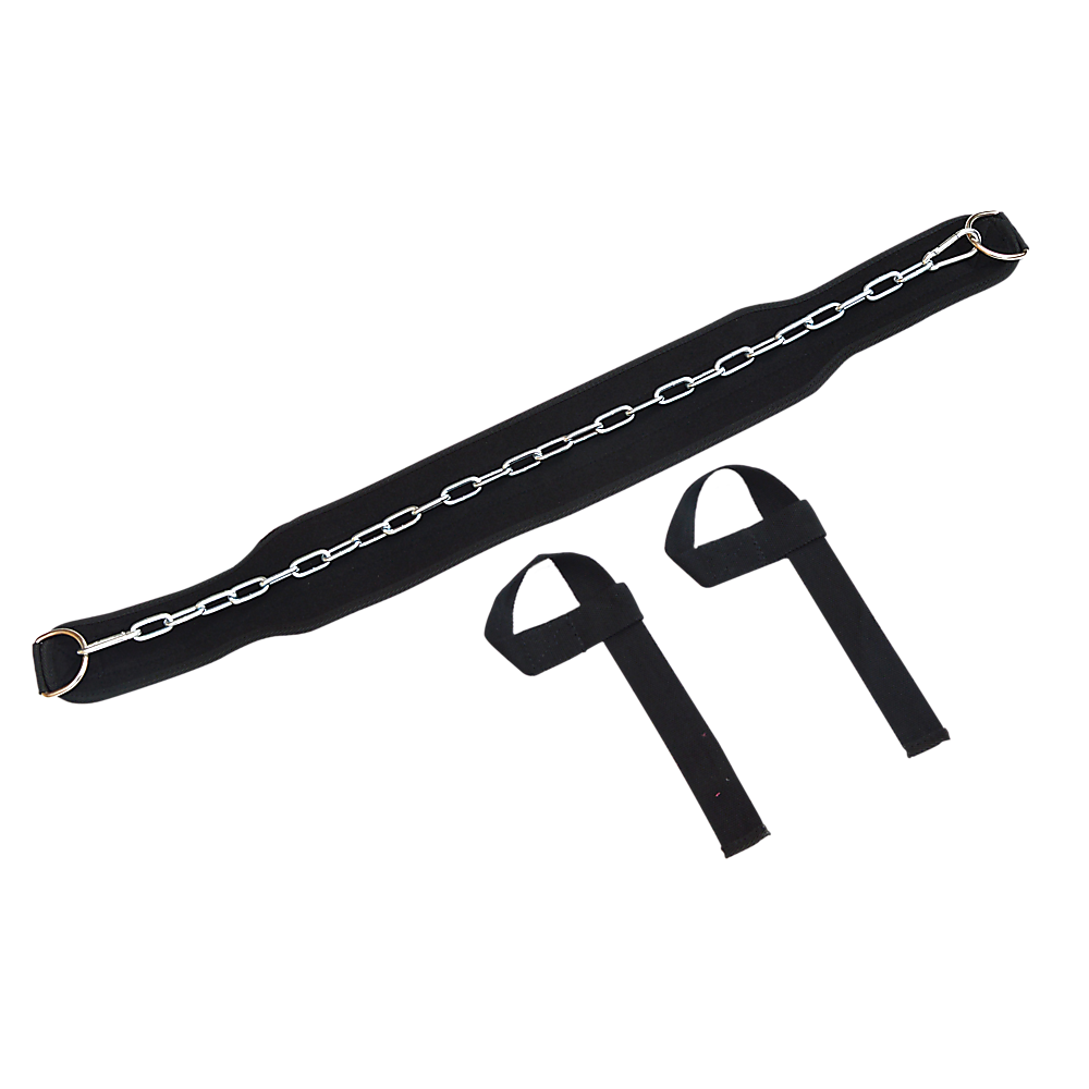 Heavy-duty weight lifting belt made of Neoprene and rubber, featuring metal D-shaped loops and a flip hook for secure attachment.