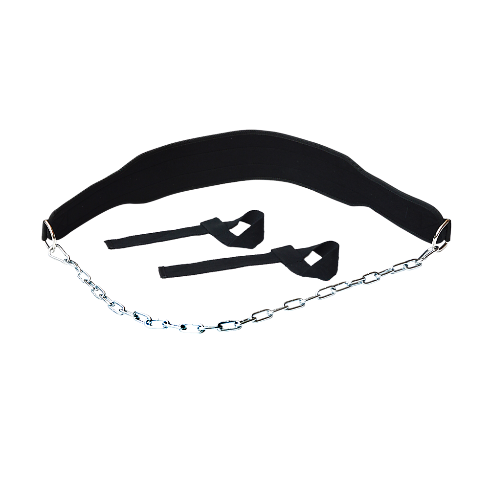 Heavy-duty weight lifting belt made of Neoprene and rubber, featuring metal D-shaped loops and a flip hook for secure attachment.