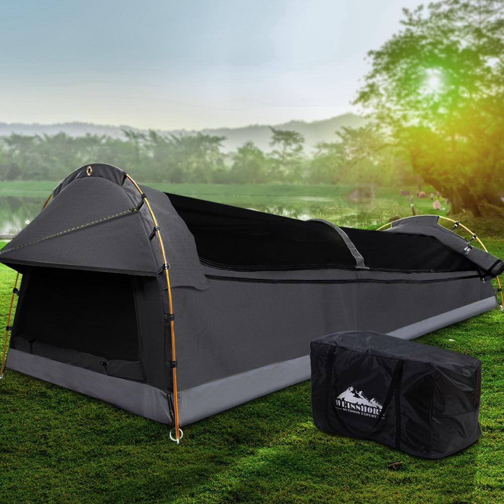 Weisshorn King Single Swag in dark grey, showcasing its durable ripstop canvas and spacious interior.