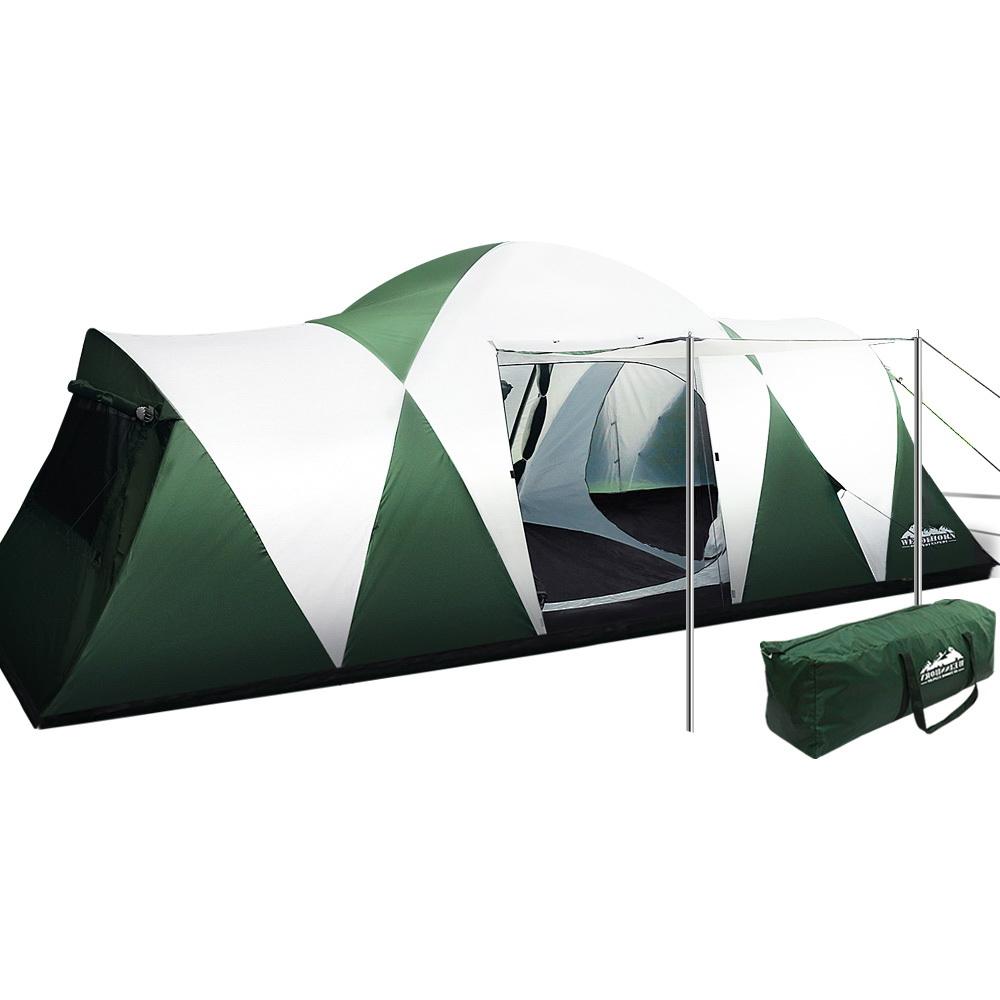 Weisshorn Family Camping Tent for 12 people, featuring two sleeping rooms and a spacious living area, set up in a natural outdoor environment.