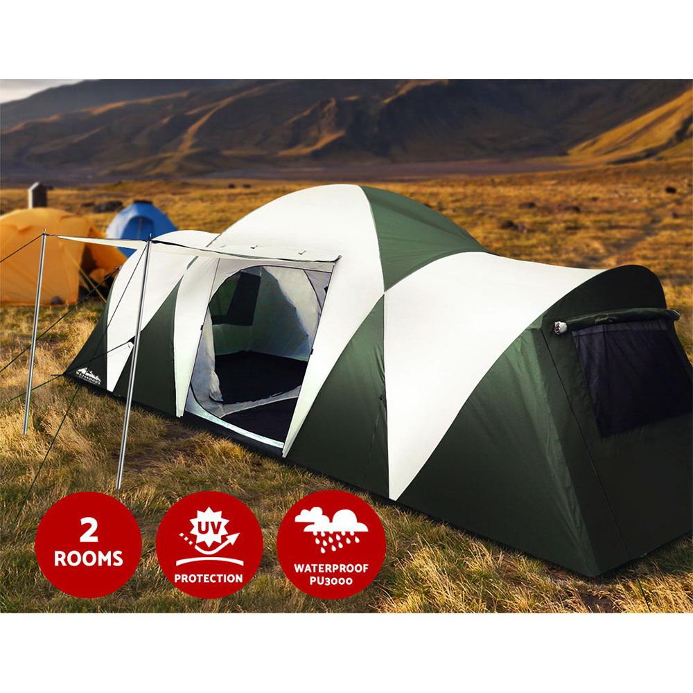 Weisshorn Family Camping Tent for 12 people, featuring two sleeping rooms and a spacious living area, set up in a natural outdoor environment.