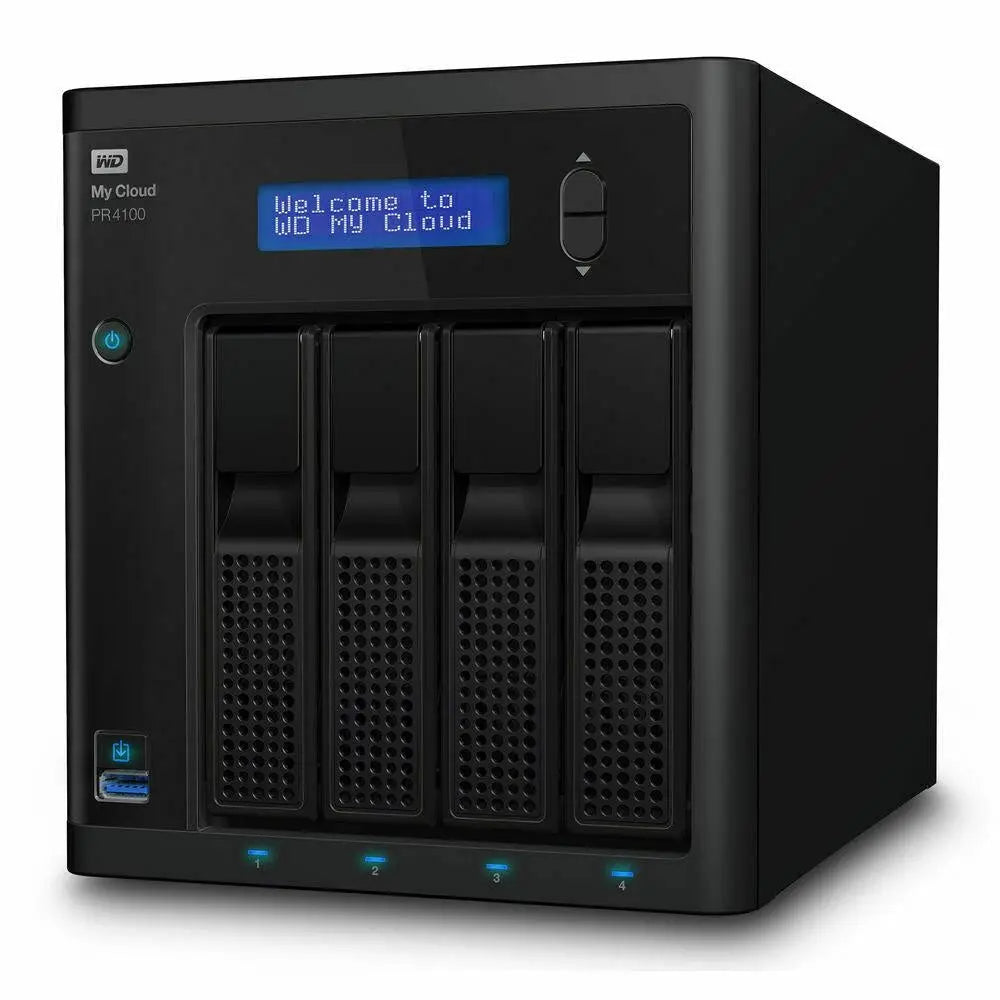 Western Digital My Cloud Pro PR4100 8TB NAS with Pentium N3710 processor, featuring multiple USB ports and Ethernet connections.