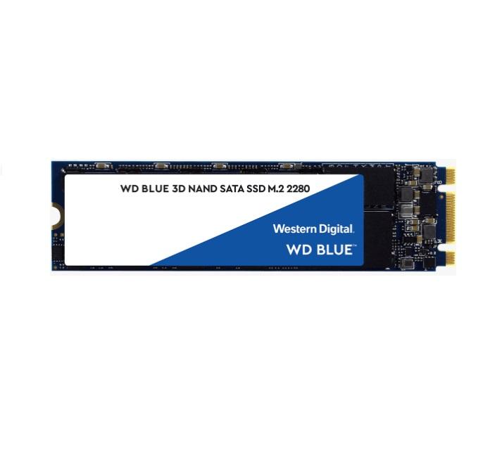 Western Digital WD Blue 1TB M.2 SATA SSD showcasing its sleek design and specifications.