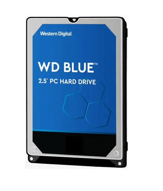 Western Digital WD Blue 2TB 2.5' HDD with SATA interface, showcasing its compact design and storage capacity.