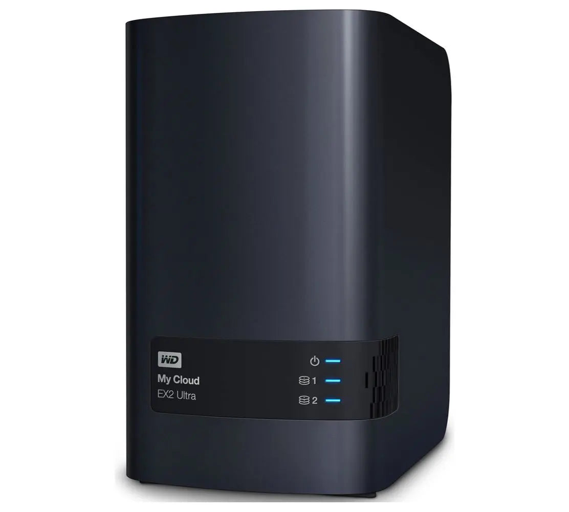 Western Digital WD My Cloud EX2 Ultra 16TB NAS device with dual-bay design and sleek finish, ideal for high-performance storage.