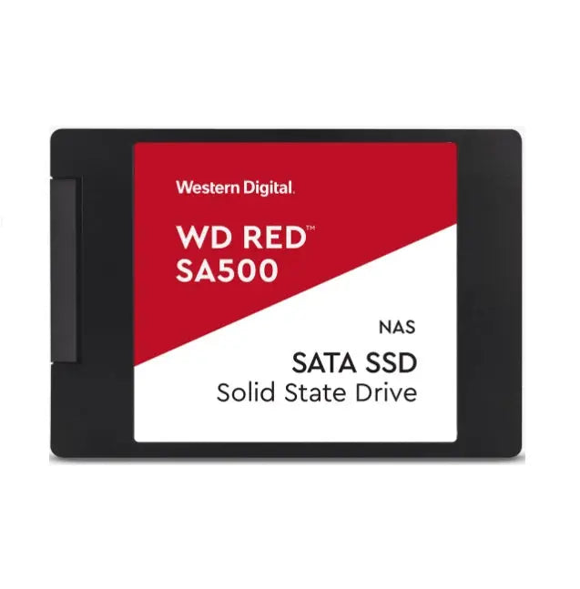 Western Digital WD Red SA500 2TB 2.5' SATA NAS SSD, showcasing its sleek design and specifications for enhanced NAS performance.