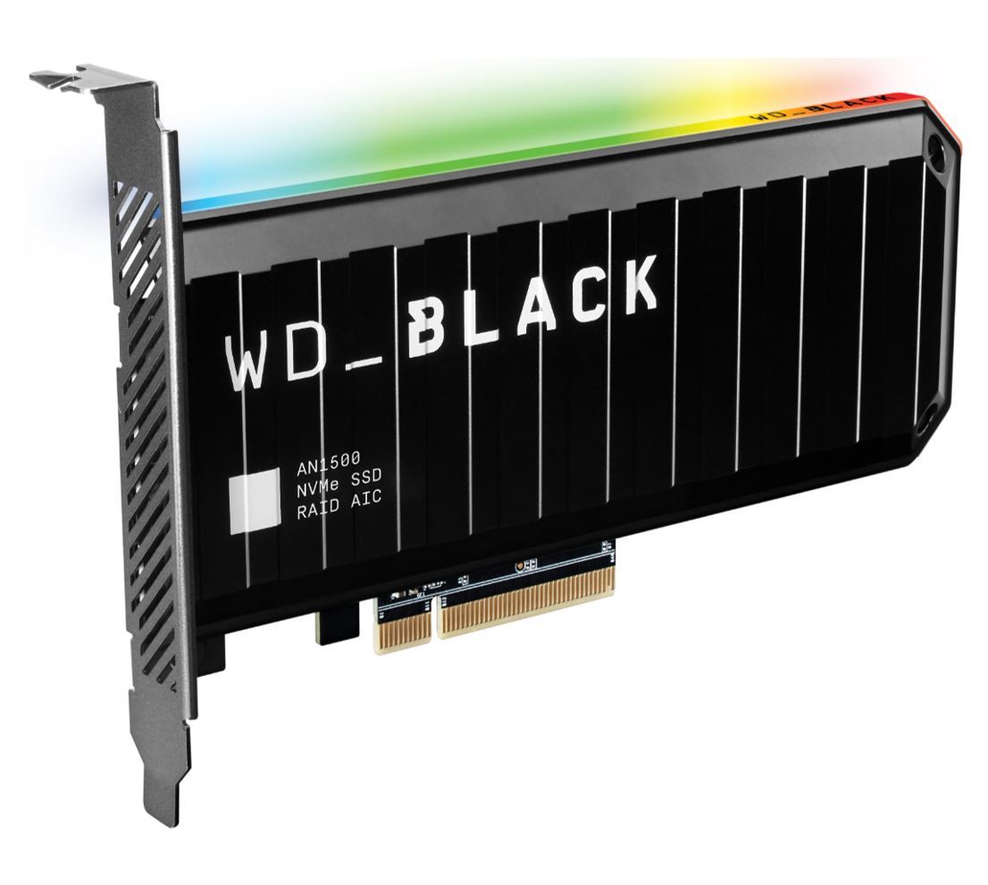 WD Black AN1500 2TB RGB NVMe SSD AIC with customizable RGB lighting and heatsink, designed for high-speed gaming performance.