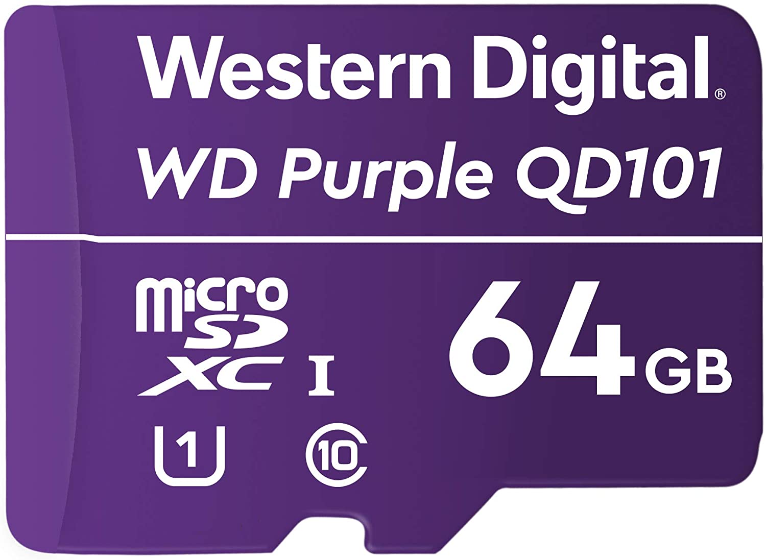 Western Digital WD Purple 64GB MicroSDXC Card designed for surveillance cameras, showcasing its robust design and specifications.