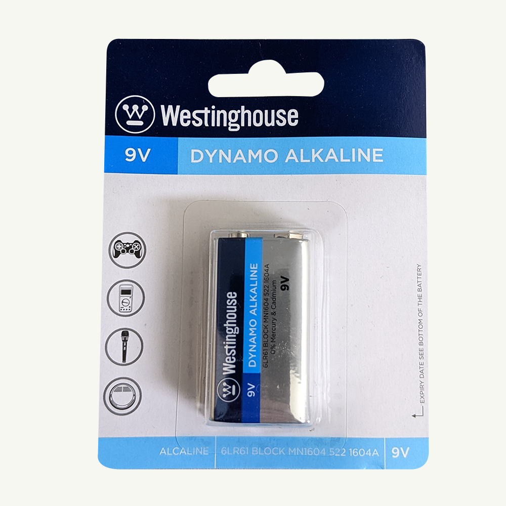 Westinghouse 9V Dynamo Alkaline battery in blister pack, model 6LR61, designed for high drain devices.