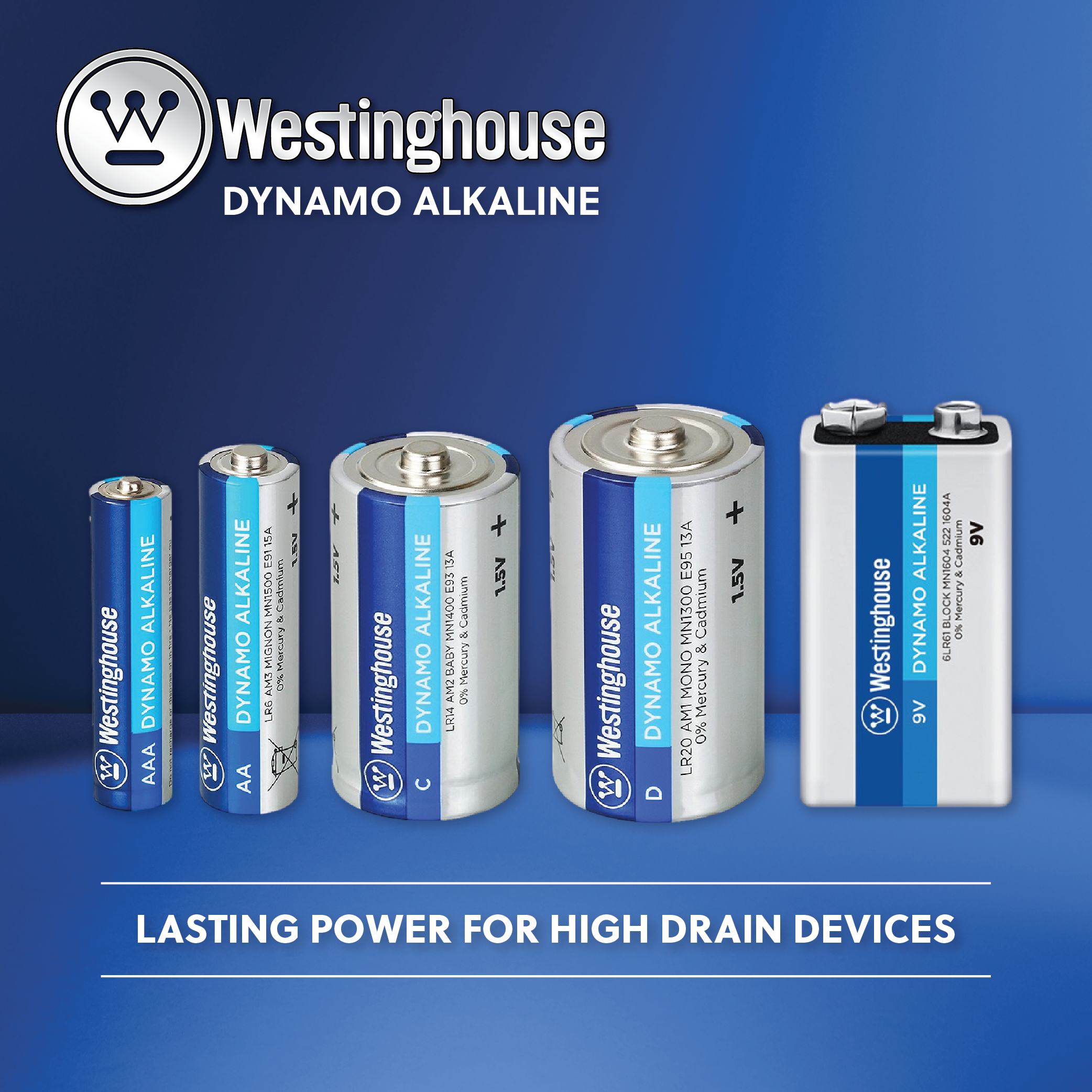 Westinghouse 9V Dynamo Alkaline battery in blister pack, model 6LR61, designed for high drain devices.