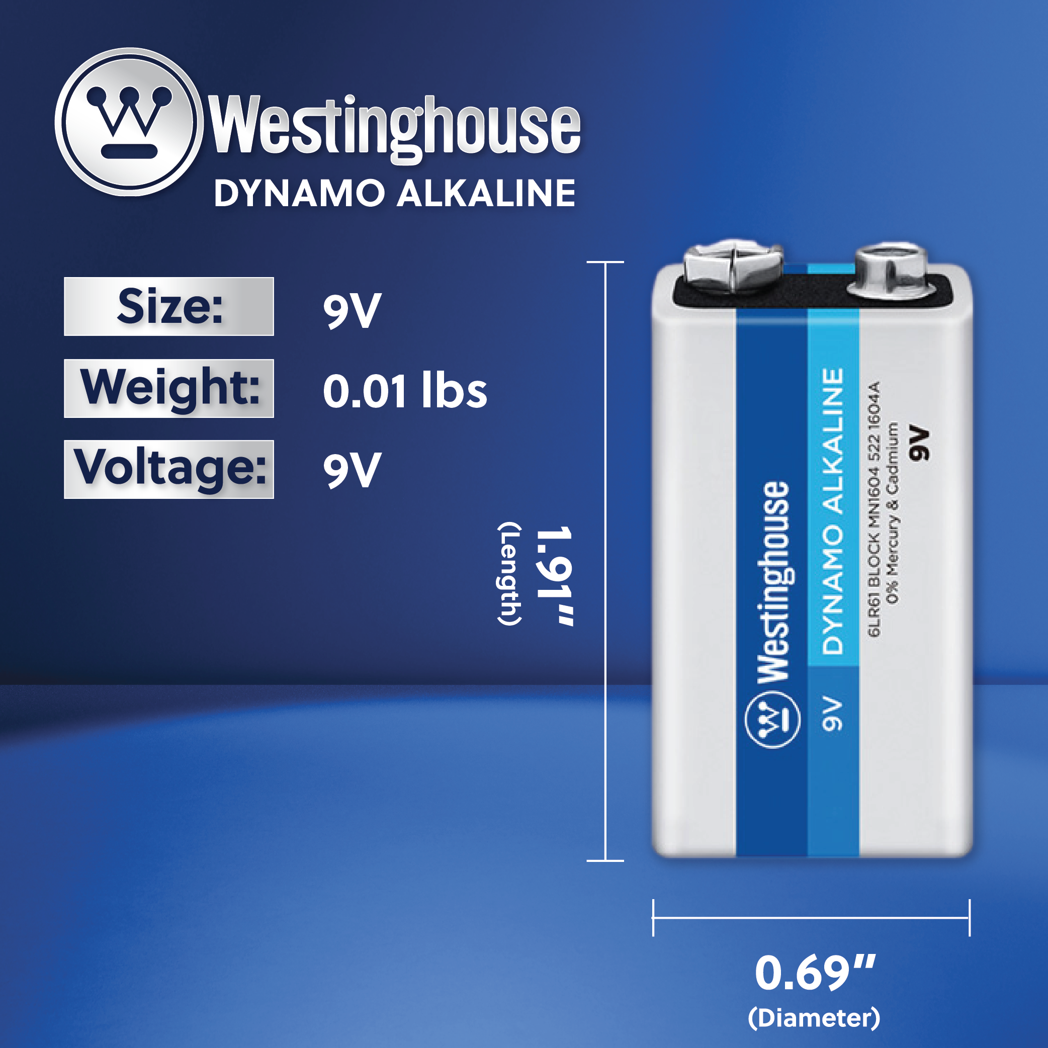 Westinghouse 9V Dynamo Alkaline battery in blister pack, model 6LR61, designed for high drain devices.
