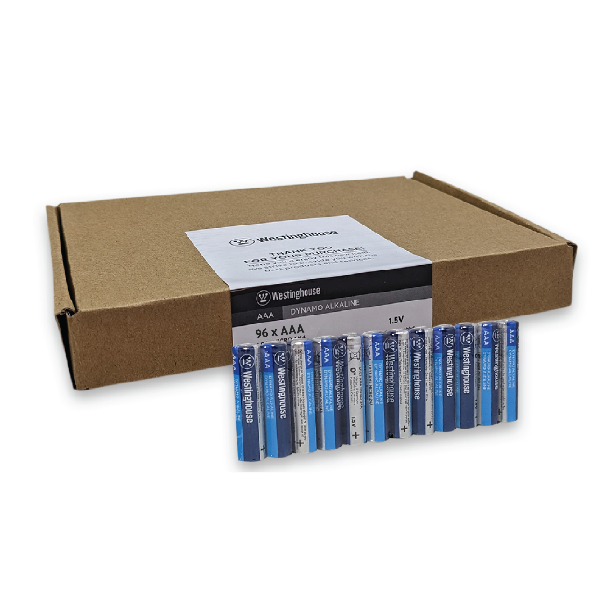 Westinghouse AAA Dynamo Alkaline 96 Pack Box showcasing multiple AAA batteries in a sturdy packaging.