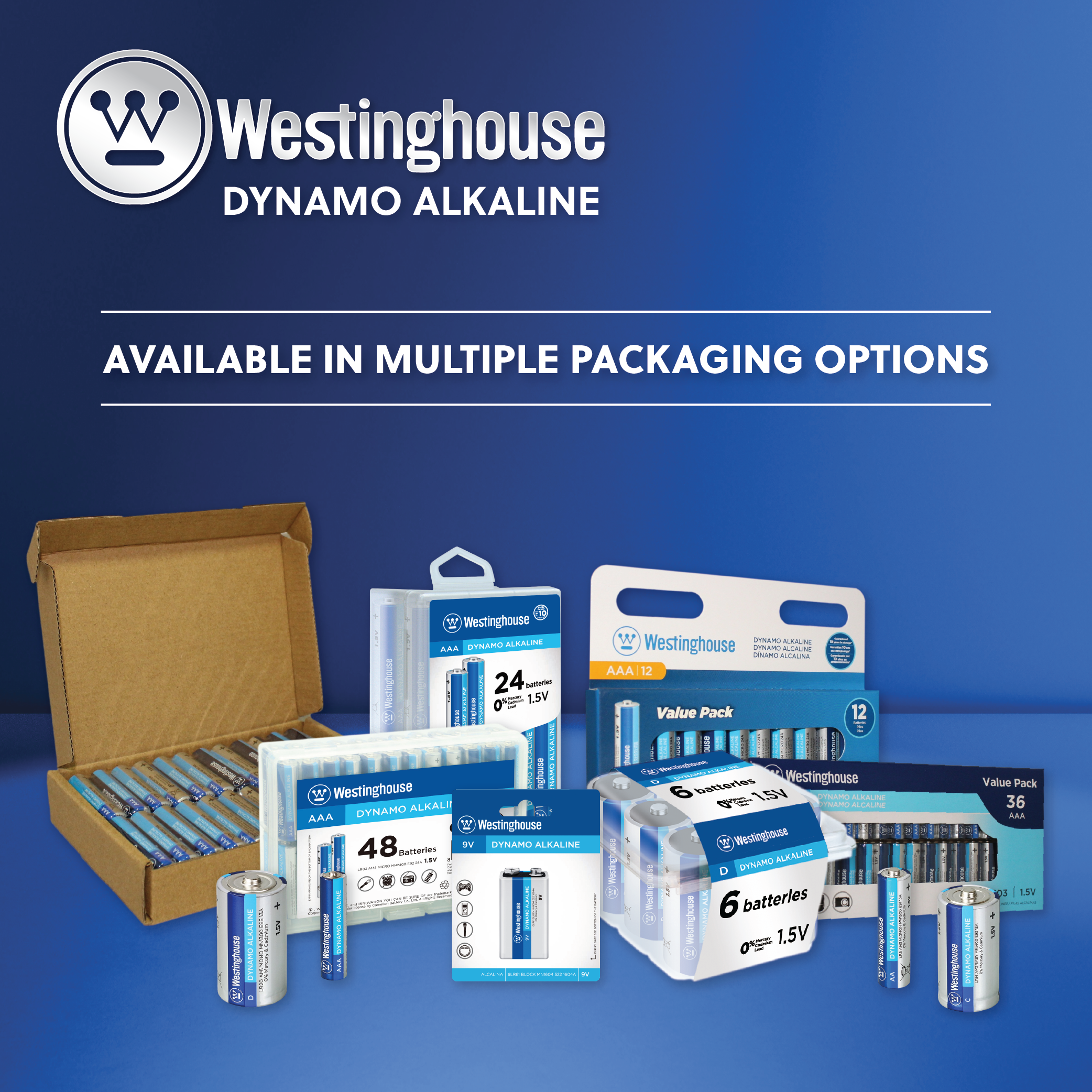 Westinghouse AAA Dynamo Alkaline batteries in a clamshell pack of 12, showcasing their size and packaging design.