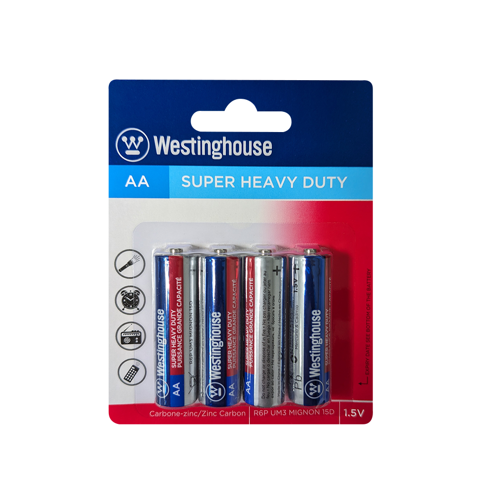 Westinghouse AA Super Heavy Duty 4pk batteries in packaging, showcasing their size and design.