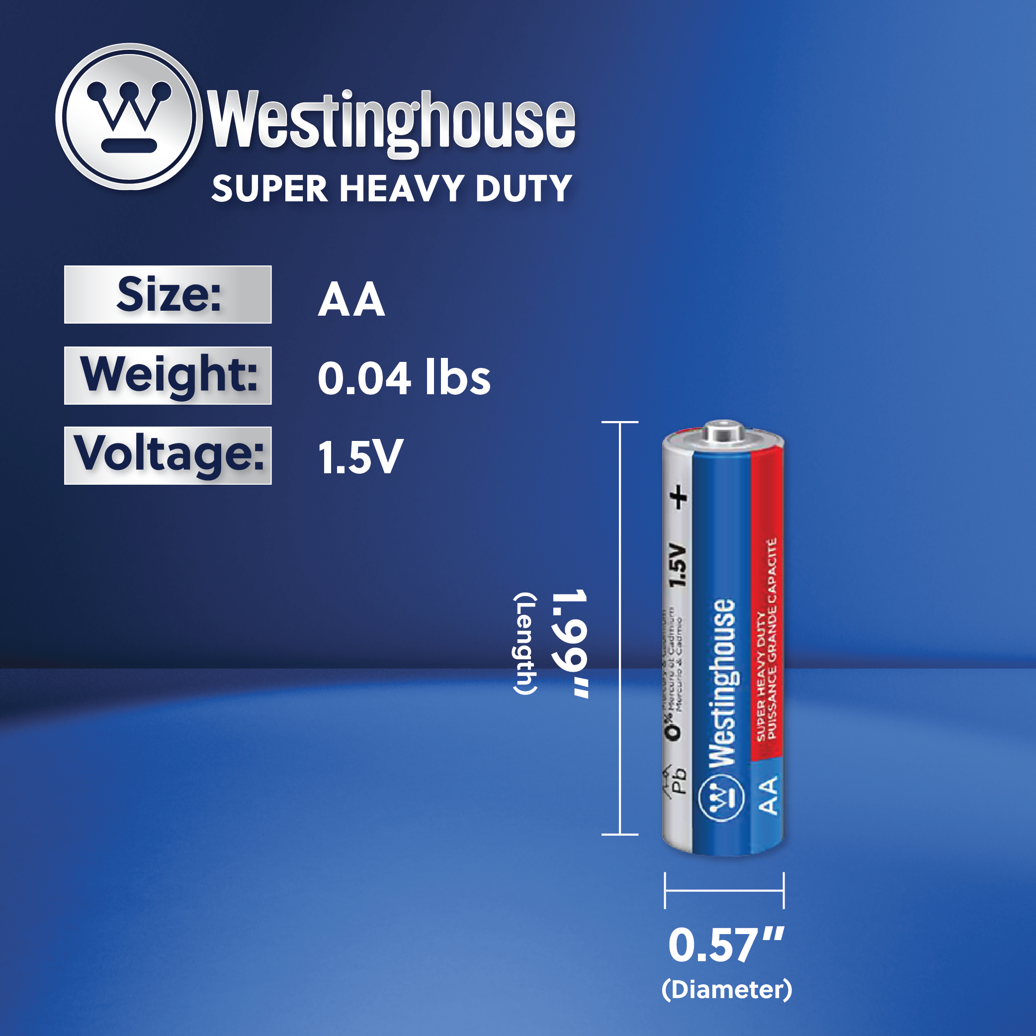 Westinghouse AA Super Heavy Duty 4pk batteries in packaging, showcasing their size and design.