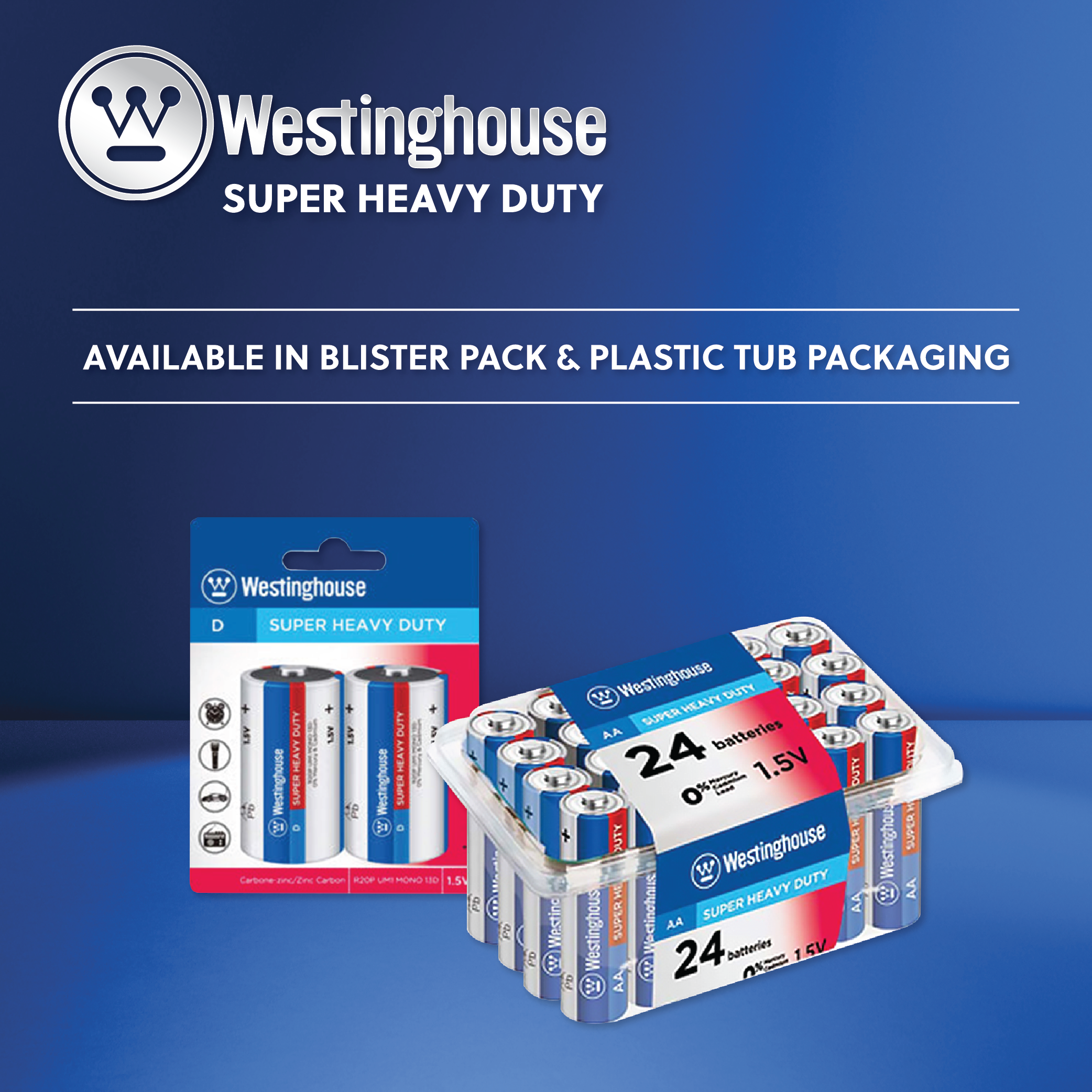 Westinghouse AA Super Heavy Duty 4pk batteries in packaging, showcasing their size and design.