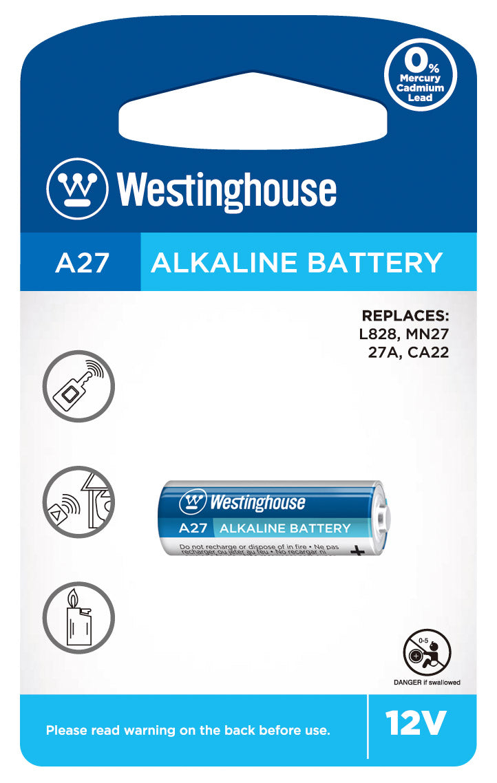 Westinghouse A27 12volt Dynamo Alkaline battery, showcasing its compact design and labeling.