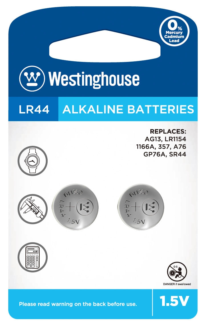 Westinghouse AG13 2 pack of alkaline button cell batteries, featuring a sleek design and clear labeling for easy identification.