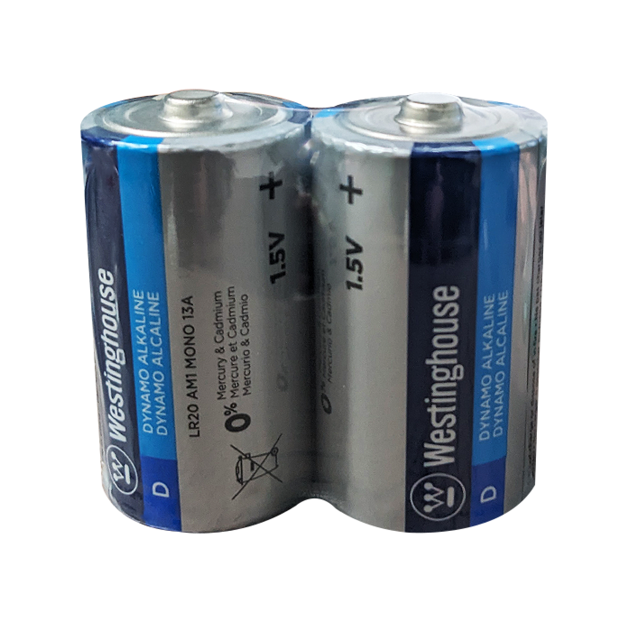 Westinghouse D Dynamo Alkaline batteries in a shrink pack of 2, designed for high drain devices.